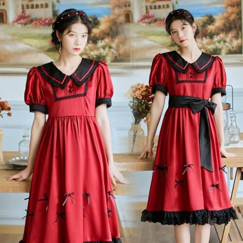 Bodycon Dress Retro Big Swing Dress Lace Stitching Doll Collar College Art Dress