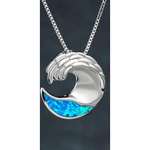 925 Sterling Silver Chain Necklace Fashion Ocean Wave Pendant Necklace Geometric Blue Opal Stone Engagement Necklaces For Women