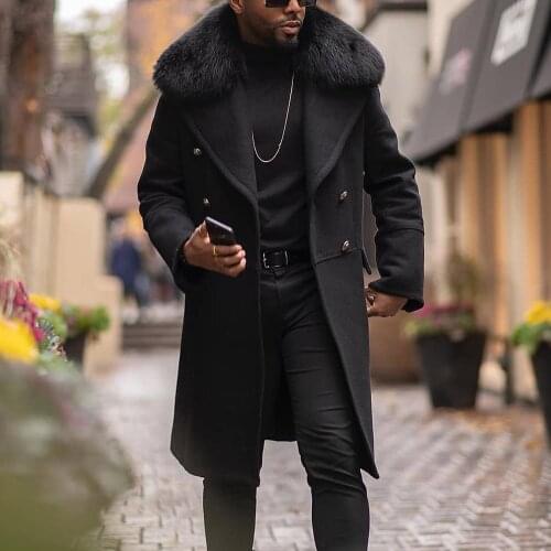 Winter Fur Long Woolen Coat Men Straight Lapel Button Pocket Solid Black Fashion Oversize 4XL Casual Warm Outwear Wool Jacket