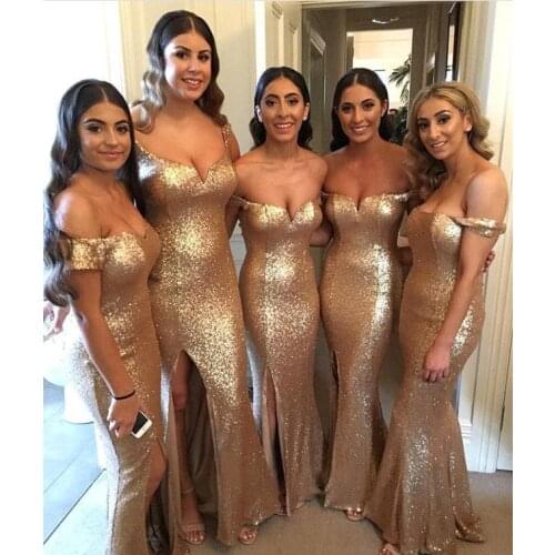 Off The Shoulder Mermaid Rose Gold Bridemaid Dresses Full Sequined Side Slit Prom Dresses Maid of Honor Party Gown