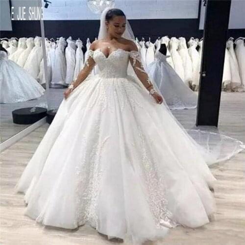 E JUE SHUNG Latest Sexy Off The Shoulder Ball Gown Wedding Dresses Illusion Long Sleeves Lace UP Back Appliques robe de mariee