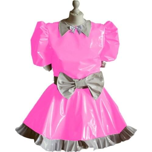 Women Dress Turn-down Collar Lolita Dress for Women Sexy Puff Short Sleeve Maid Dresses with White Bow PVC Leather Uniform 7XL