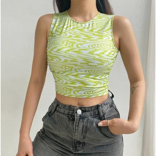 90s Aesthetics Striped Print Crop Tops Y2K Summer Streetwear Sleeveless O-neck Green Baby Tanks Women 2021 Sexy Vests