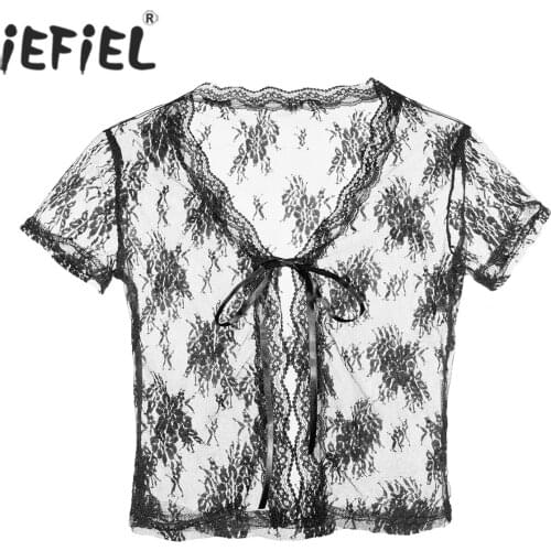 Summer Women Floral Lace Short Sleeve T-Shirts See-through Mesh Crop Top Skinny Lace-up Cardigan T-shirt Sissy Casual Wear