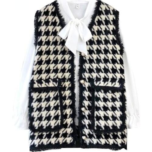 High Quality Houndstooth Faux Mink Fur Women Spring Autumn Single-Breasted Waistcoat Knitted Vest Sleeveless Jacket