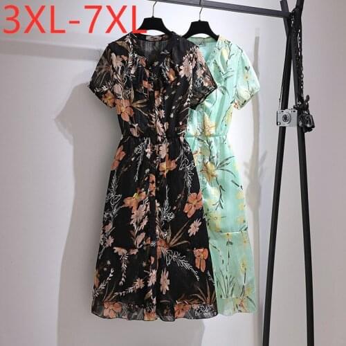 New 2021 Ladies Summer Plus Size Midi Dress For Women Large Short sleeve Green Floral Print Button Dress 3XL 4XL 5XL 6XL 7XL