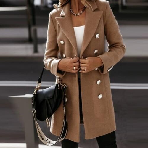 Autumn Winter Women Elegant Woolen Coat Lady Office Simple Solid Casual Double Breasted Turn-down Collar Female Long Woolen Coat