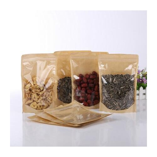 100pcs One Side Clear Kraft Paper Bag Snack Nuts Beans Packaging Paper Gift Pouch Stand up Clear Window Ziplock Bag Pouches