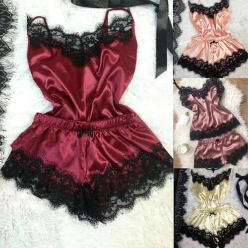 2Pcs/Set Sexy Women Silky Velvet Lace Strap Vest Top Shorts Sleepwear Outfit
