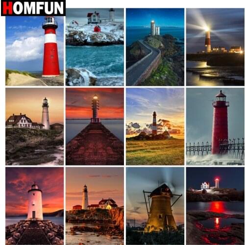 HOMFUN Diamond Painting Full Square/Round Diamond "Lighthouse landscape" Pattern Embroidery Cross Stitch 5D Rhinestone Painting