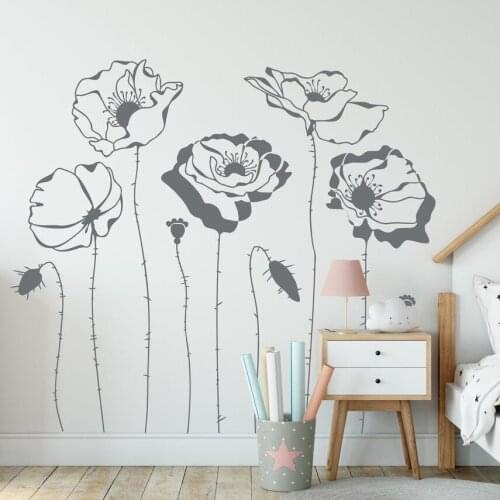 Poppys Flower Wall Decals Flowers Plant Poppy Nature Wall Sticker Vinyl Decals for Nursery Living Room Decoration Mural C787