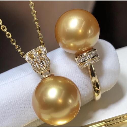 D420 Pearl Set Fine Jewelry Solid 18K Gold Diamonds Round 11-13mm Natural Ocean Sea Water Golden Pearls Jewelry Sets for Women