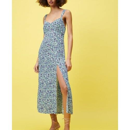 Hot-selling summer ladies suspender long floral print dress sexy brace dress beach holiday dress