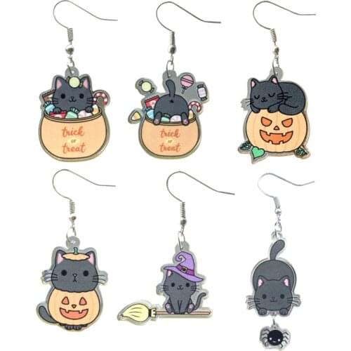 Halloween Cat Trick Or Treat Candy Jar Sleepy Cat Pumpkin Suit Catch A Spider Witch Hat And Flying Broom Acrylic Dangle Earrings