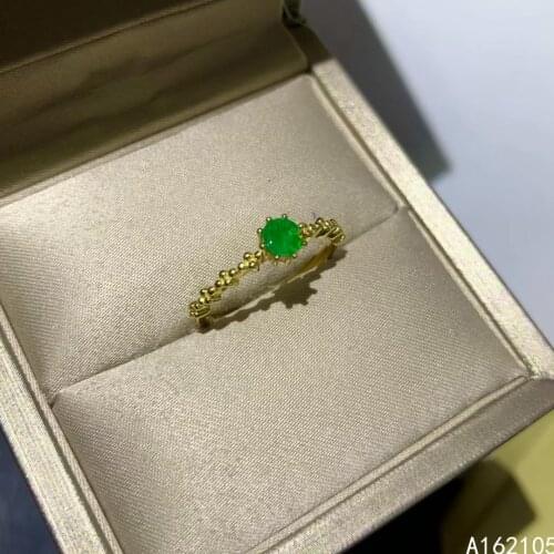925 pure silver Chinese style natural emerald womens fresh small elegant round adjustable gem ring fine jewelry support detecti
