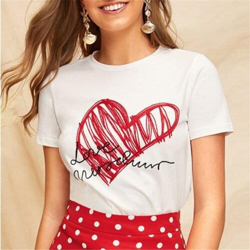 Summer Casual Short Sleeve Letter Printed Women Tshirt Cute Red Heart Tops Ladies Simple Round Neck Graphic Print T Shirts
