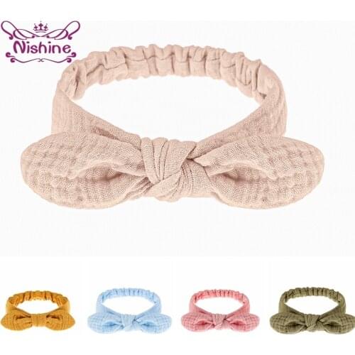 Nishine Soft Comfortable Knitting Cotton Newborn Hairband Solid Color Handmade Bunny Ears Elastic Headband Baby Girls Headwear