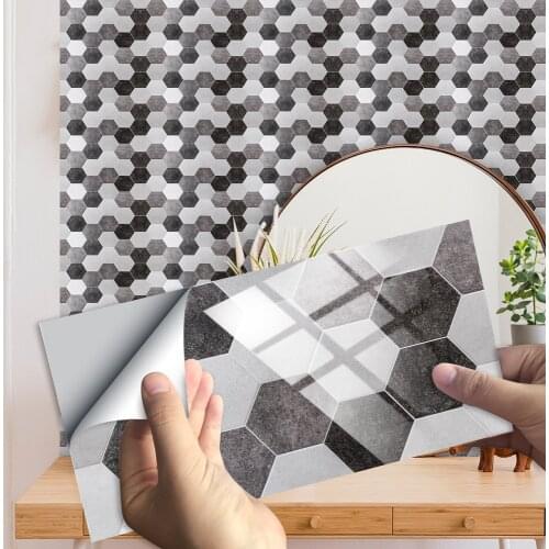 10pcs Hexagonal Marble Pattern Tiles Sticker Kitchen Bathroom Home Decor Glossy Surface Waterproof Peel & Stick Art Wallpaper