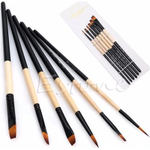 New Hot 6Pcs/Set Flat Nylon Hair Paint Brush Gouache Acrylic Oil Painting Art Craft