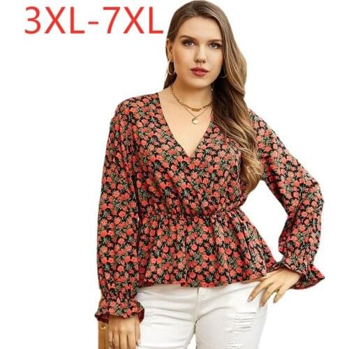 New 2021 Ladies Spring Autumn Plus Size Tops For Women Large Blouse Long Sleeve Loose Ruffle Floral Print Shirt 3XL 4XL 5XL 6XL