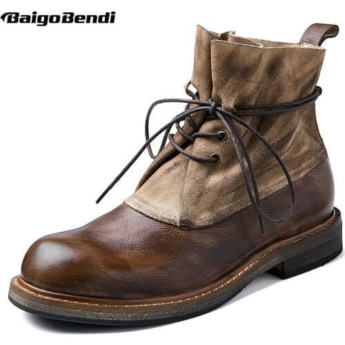 OH MY GOD! NEW ! Winter Leather Boots Men Lace Up Warm Fur Cowhide Ankle Boots Western Cowboy Mixed Color Desert Boots Casual