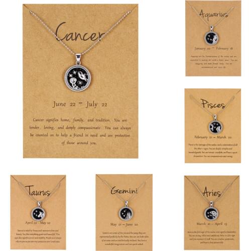 12 Constellation Pendant Necklace For Women Zodiac Sign Aquarius Leo Libra Aries Wish Card Fashion Jewelry Birthday Gifts