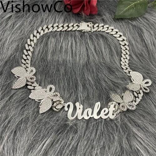 VishowCo Hip Hop Letter Butterflies Necklace Name Crystal Double Plated Custom Name Necklace Custom Carving Batch For Gifts