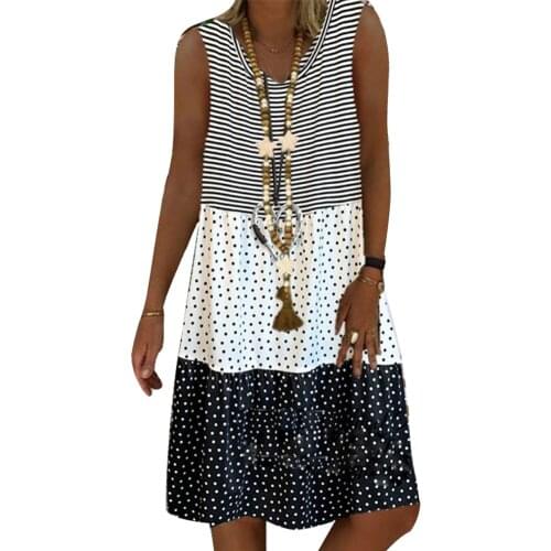 Casual Women Dot Stripe Patchwork Sleeveless V Neck Loose Knee-length Dress