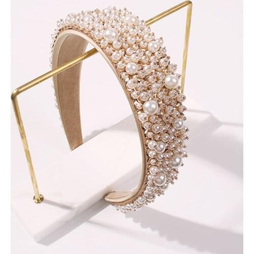 Full Pearl Luxury Hair Accessories Hairbands Sparkly Gold Color Baroque Headbands Thickening Headdress Women Bridal Hoop Turban