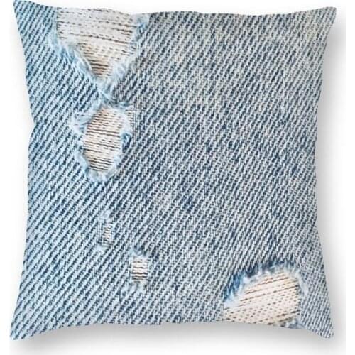 Ripped Jeans Cushion Cover Sofa Decoration Bule Denim Texture Pattern Square Throw Pillow Cover 45x45cm