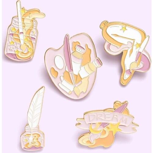 Cute Drawing Board Enamel Pin Brush Feather pen Cup Brooch Bag Clothes Lapel Pin Sasha Away Badge Cartoon Jewelry Gift For Kids