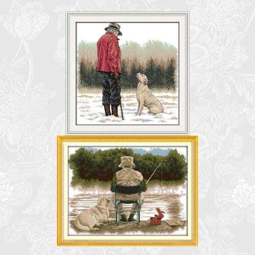 The old man and his dog Cross Stitch Printed Fabric 11CT 14CT DIY Embroidery Thread Sets Fishing Needlework Cross Stitch Kits