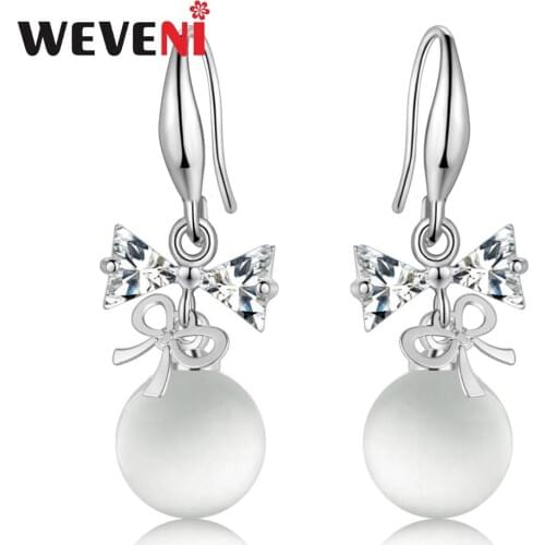 WEVENI Silverstone Bowknot Opal Cubic Zircon Hook Earrings Dangle Drop Zirconia Charms For Women Girls Teen Gift Fashion Jewelry