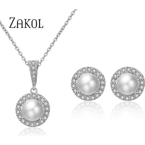 ZAKOL Elegant Cubic Zirconia Round Earrings Pendant Necklace Set Bridal Jewelry for Women Wedding Dinner Birthday Gift FSSP3035
