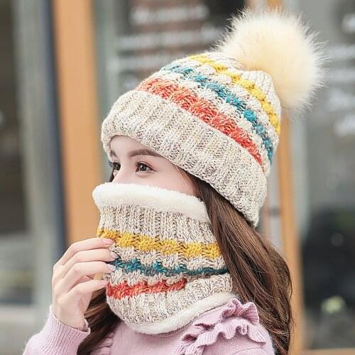 Female Warm Beanie Hat Riding Snow Caps Winter Women Knitted Hat Scarf Set Hairball Pom Pom Fashion Wool Thickening Hat Collars