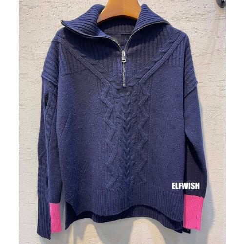2022 Woman Navy Cashmere Cable Twisted Sweater Sailor Collar with Zipper Long Sleeves Contrast Cuffs