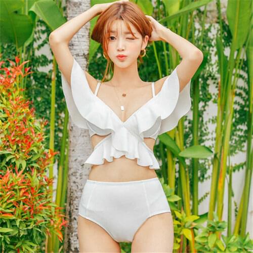 2021 New Sexy Beach Hot Spring Bikini Female With Chest Pad And Steel Support Small Chest Gathered Thick Ruffled Hem Swimsuit