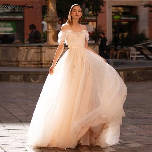 Magic Awn 2021 Off The Shoulder Wedding Dresses Beaded Soft Tulle Beach Bridal Gowns Lace-Up Back Customized Vestidos Novia