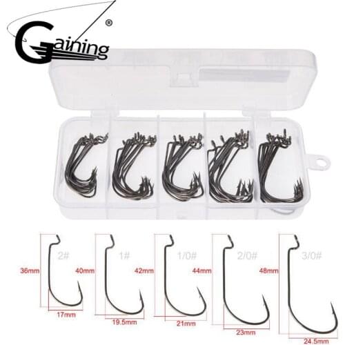 50pcs/Box Fishing Hooks 5 Sizes Fishing Worm Hook Kit Nickle High Carbon Steel Saltwater Offset Shank Worm Fishing Hook with Box
