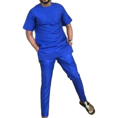 African Fashion Solid Mens Groom Suit Royal Blue Tops+Trousers Custom Made Man Short Sleeve Dashiki Shirt And Pant Sets