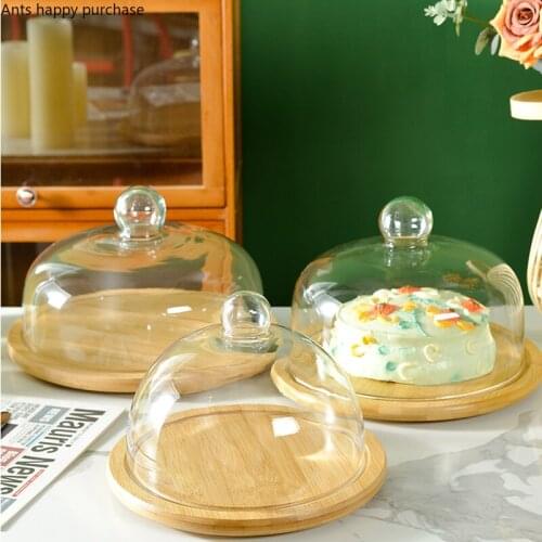 Bamboo Wood Cake Pan Transparent Glass Cover Wooden Bottom Cake Stand Dessert Table Display Stand Rotatable Tray Dessert Plate