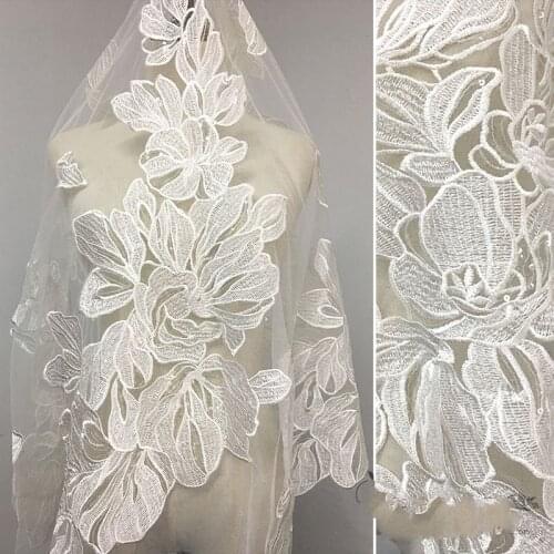Glace 1Y/Lot European large leaf lace sequin embroidery fabric off white mesh fabric for wedding dress fashion DIY cloth