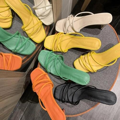 Yellow green Summer Women Square Toe Sandals Ladies snake print strappy mules 6CM High Heels Slippers Female Fashion Woman Shoes