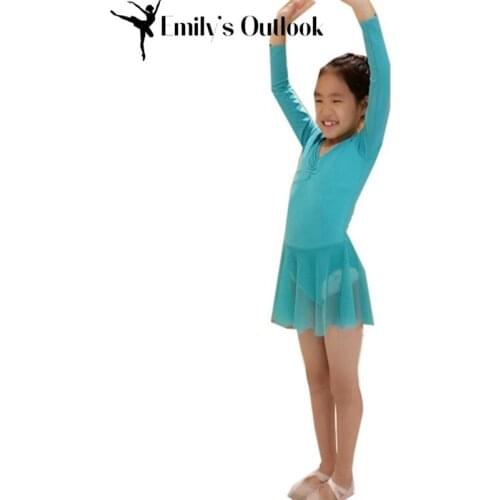 Kids Ballet Leotard With Tutu Skirt Long Sleeve Dance Dress Gymnastics Bodysuit Two Layers Chest For Big Girl Autumn Winter