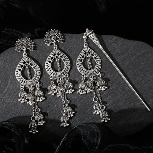Jhumka Earring&Hairpins Set Gypsy Tassel Earrings Peacock Vintage Hair Sticks For Hair Accessories Women Jewelry New Year Gift
