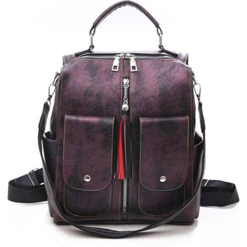 Retro Leather Women Backpack FashionZipper School Backpacks for Teenage Girls Bag Large Capacity Multifunction Mochila Feminina