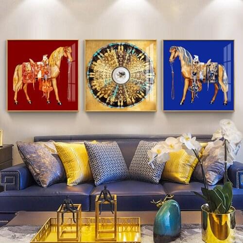 Nordic Luxury Square Decorative Painting Abstract Geometry Pattern Animal Horse Canvas Wall Picture Printing Poster Living Room