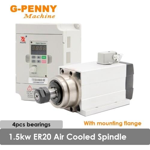 NEW Arrival 1.5KW ER20 Air Cooled Spindle Motor Square Spindle With mounting flange & 1.5kw FL Inverter 4 PCS Ball Bearings