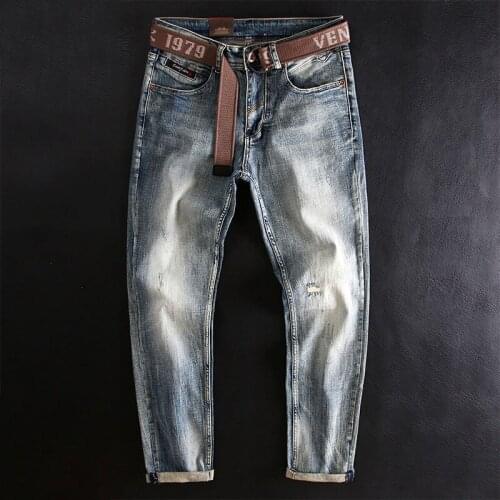 Italian Style Fashion Men Jeans High Quality Retro Blue Elastic Slim Fit Ripped Jeans Men Vintage Designer Casual Denim Pants
