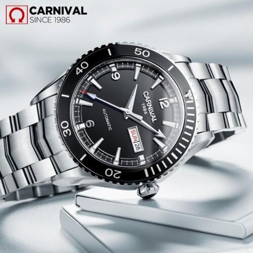 Men Automatic Self-Wind Stainless Steel Waterproof Fully Automatic Calendar Mechanical Watch New 2021 CARNIVAL Top Brand Watch